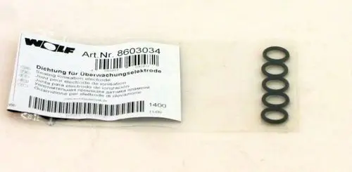 Schwarze Dichtungen in Form von O-Ringen auf transparentem Träger, verpackt mit einem Etikett der Marke Wolf für eine Überwachungselektrode.